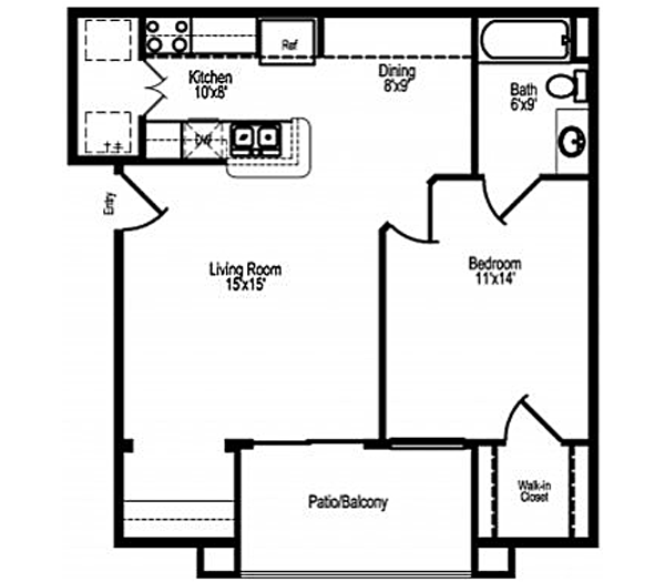 Floor plan for 1 bed, 1 bath, 654 sqft