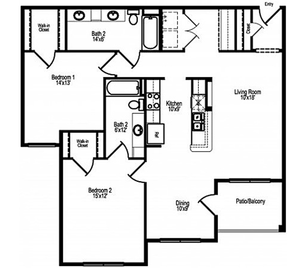 Floor plan for 2 beds, 2 baths, 1100 sqft