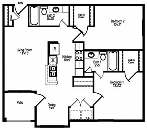 Floor plan for 2 beds, 2 baths, 1040 sqft
