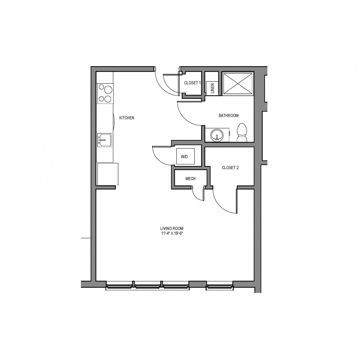 Floor plan for studio, 1 bath, 504 sqft