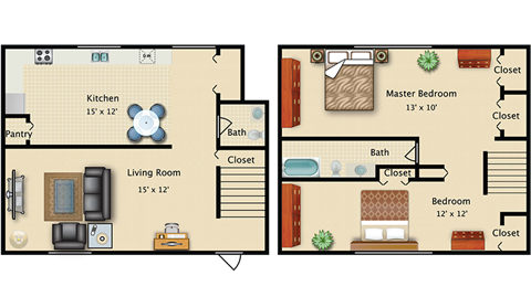 Floor plan for 2 beds, 1.5 baths, 1000 sqft