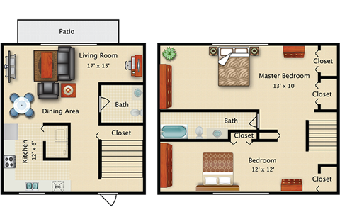 Floor plan for 2 beds, 1.5 baths, 960 sqft