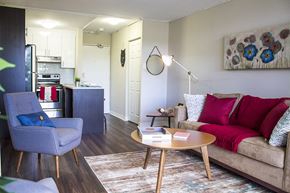 Montreal apartment for rent - a living room with a couch and a chair and a table