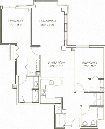 Floor plan for 2 beds, 2 baths, 1394 sqft