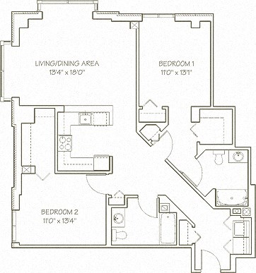 Floor plan for 2 beds, 2 baths, 1272 sqft