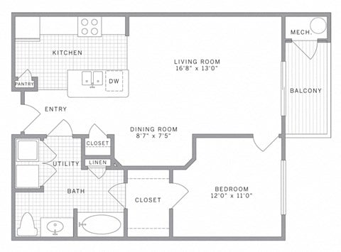 Floor plan for 1 bed, 1 bath, 745 sqft