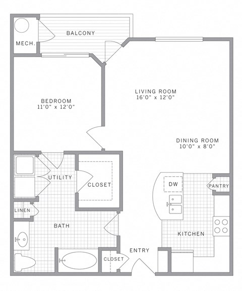 Floor plan for 1 bed, 1 bath, 893 sqft