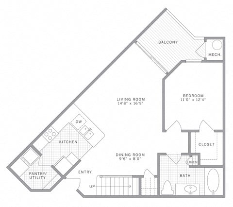 Floor plan for 1 bed, 1 bath, 969 sqft