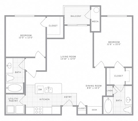 Floor plan for 2 beds, 2 baths, 1113 sqft