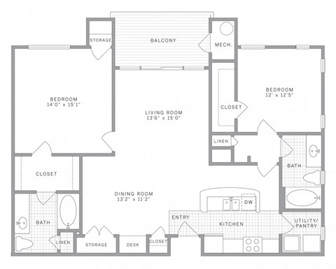 Floor plan for 2 beds, 2 baths, 1276 sqft