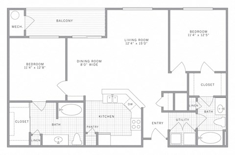 Floor plan for 2 beds, 2 baths, 1122 sqft
