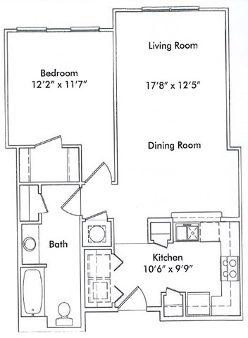 Floor plan for 1 bed, 1 bath, 760 sqft