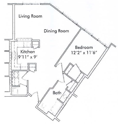 Floor plan for 1 bed, 1 bath, 742 sqft