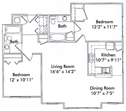 Floor plan for 2 beds, 2 baths, 1053 sqft