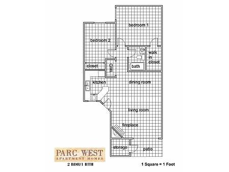 Floor plan for 2 beds, 1 bath, 1042 sqft
