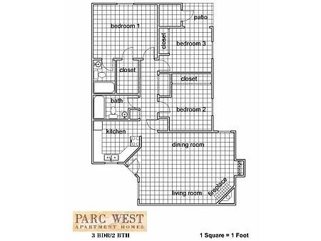 Floor plan for 3 beds, 2 baths, 1355 sqft