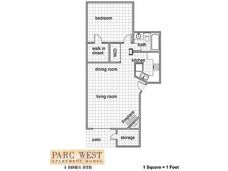 Floor plan for 1 bed, 1 bath, 937 sqft