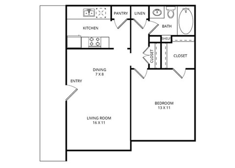 Floor plan for 1 bed, 1 bath, 625 sqft