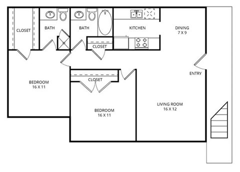Floor plan for 2 beds, 1.5 baths, 897 sqft