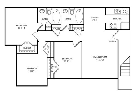 Floor plan for 3 beds, 2 baths, 1052 sqft
