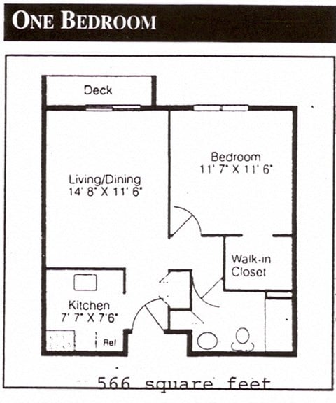 Floor plan for 1 bed, 1 bath, 566 sqft