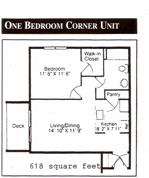 Floor plan for 1 bed, 1 bath, 618 sqft