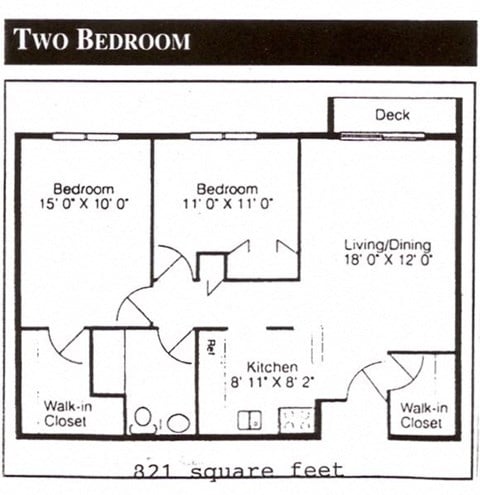 Floor plan for 2 beds, 1 bath, 821 sqft