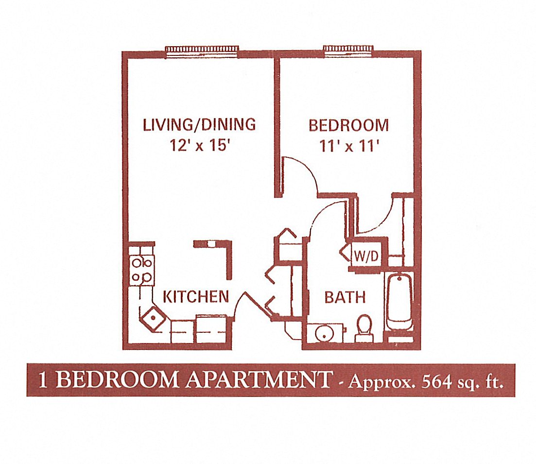 Floor plan for 1 bed, 1 bath, 564 sqft