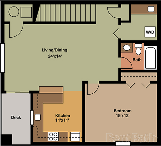 Floor plan for 1 bed, 1 bath, 857 sqft