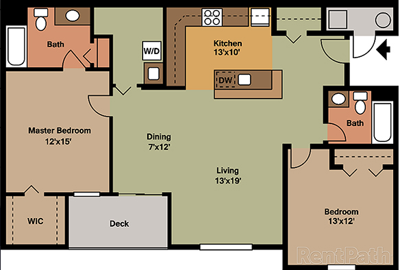 Floor plan for 2 beds, 2 baths, 1130 sqft