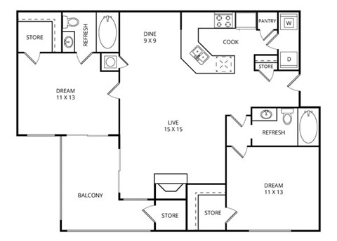 Floor plan for 2 beds, 2 baths, 1000 sqft