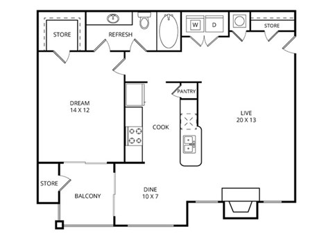 Floor plan for 1 bed, 1 bath, 796 sqft