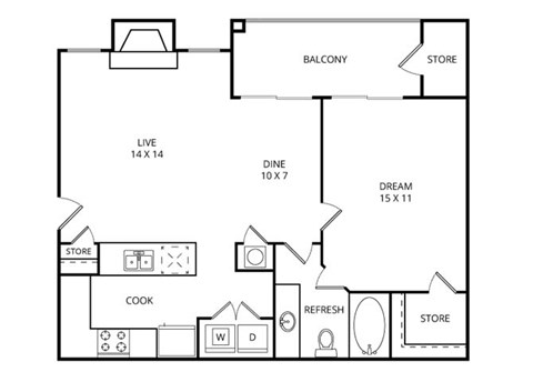Floor plan for 1 bed, 1 bath, 696 sqft