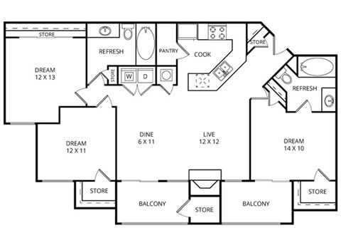 Floor plan for 3 beds, 2 baths, 1208 sqft