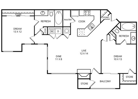 Floor plan for 2 beds, 2 baths, 1056 sqft