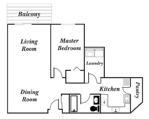 Floor plan for 1 bed, 1 bath, 900 sqft