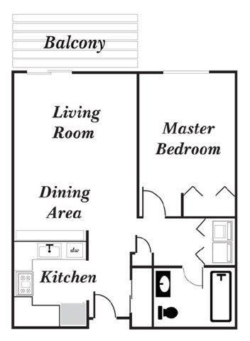Floor plan for 1 bed, 1 bath, 700 sqft