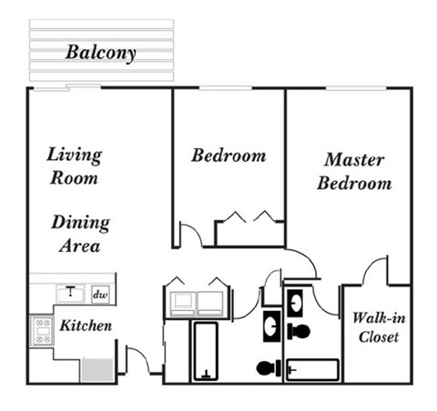 Floor plan for 2 beds, 2 baths, 1100 sqft