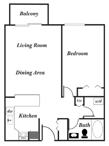 Floor plan for 1 bed, 1 bath, 680 sqft
