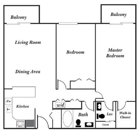 Floor plan for 2 beds, 1 bath, 1025 sqft