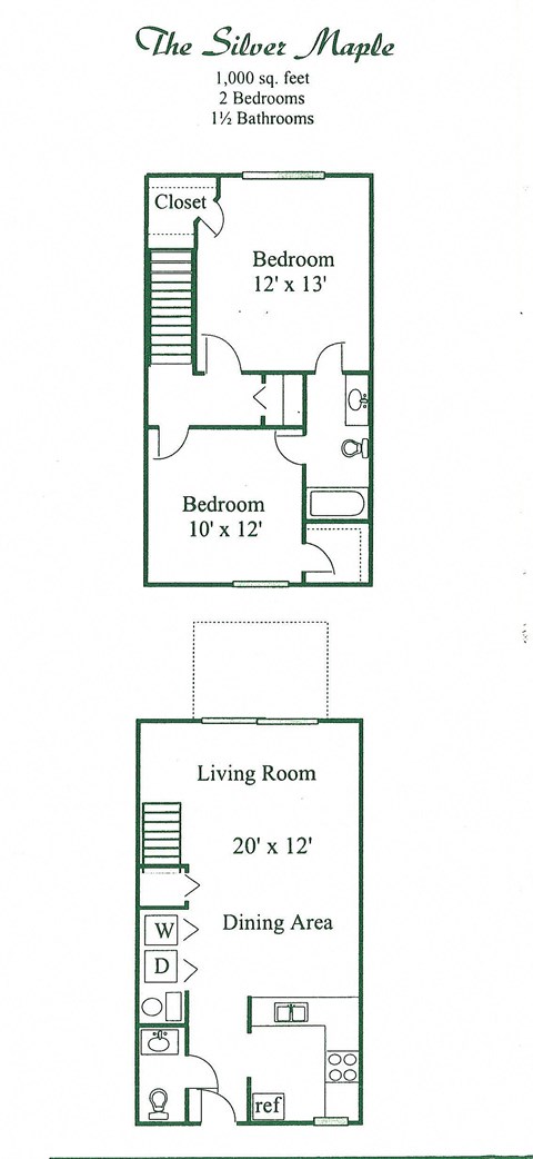 Floor plan for 2 beds, 1.5 baths, 1000 sqft