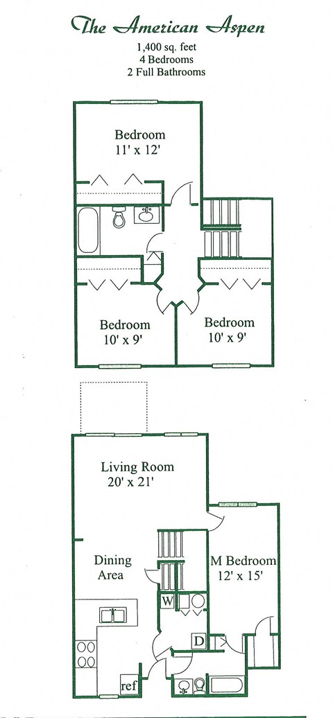 Floor plan for 4 beds, 2 baths, 1400 sqft