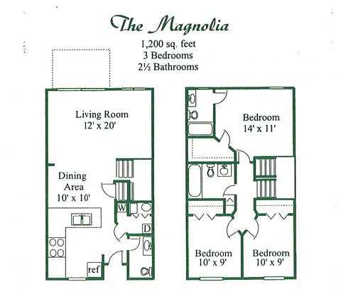Floor plan for 3 beds, 2.5 baths, 1200 sqft