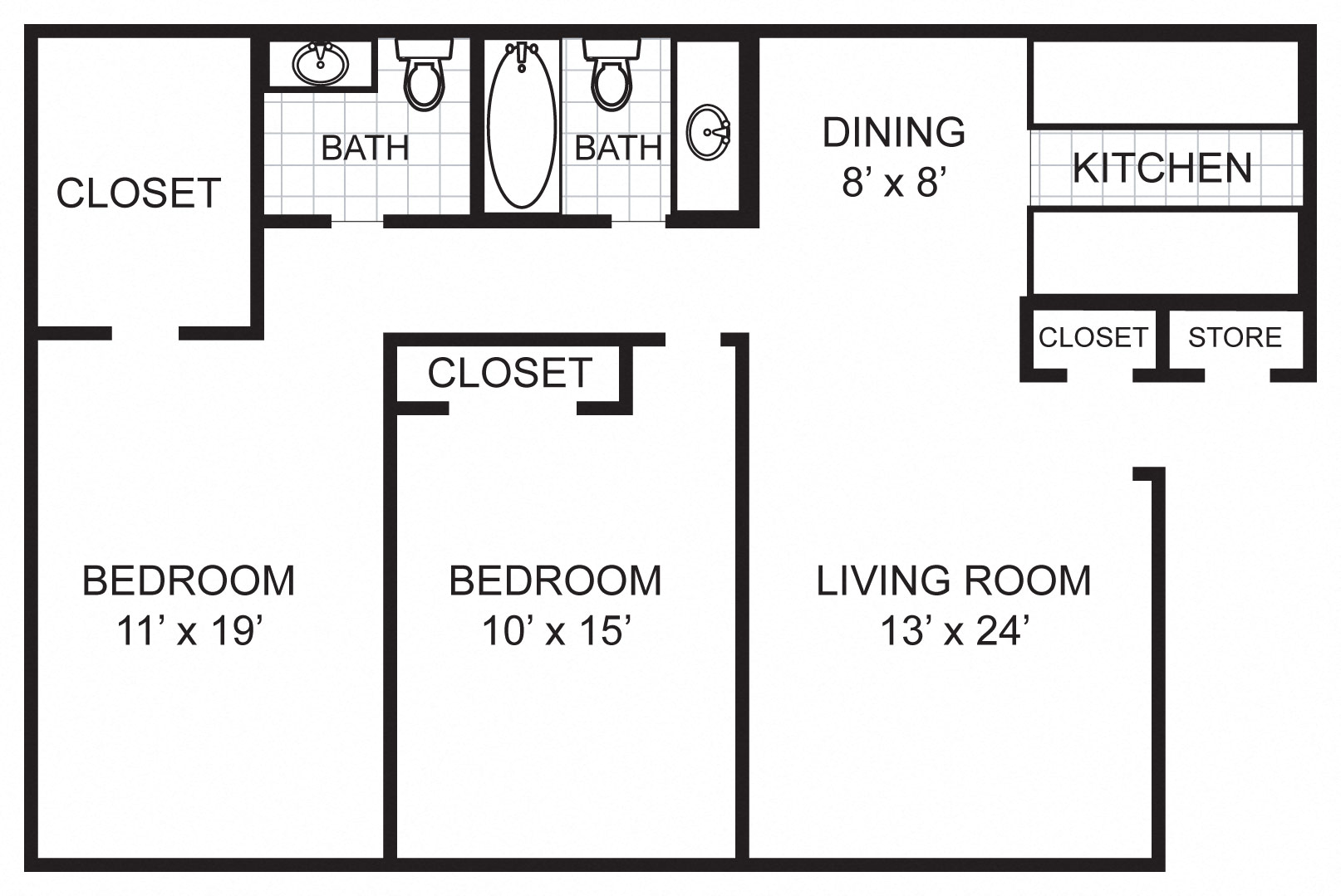 Floor plan for 2 beds, 1.5 baths, 952 sqft
