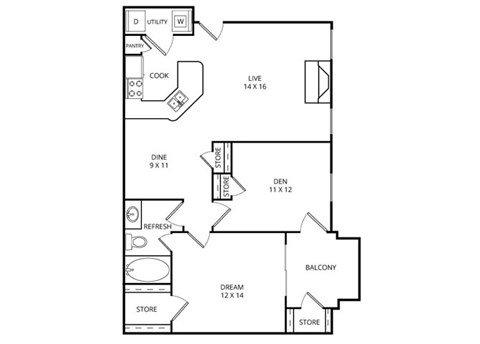 Floor plan for 1 bed, 1 bath, 918 sqft