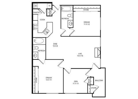 Floor plan for 2 beds, 2 baths, 1182 sqft