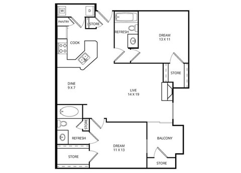 Floor plan for 2 beds, 2 baths, 1061 sqft