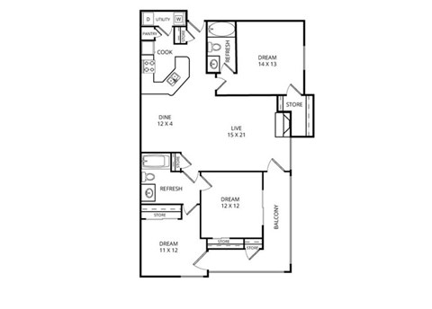 Floor plan for 3 beds, 2 baths, 1351 sqft