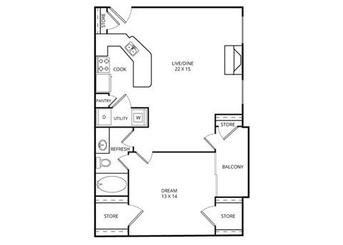 Floor plan for 1 bed, 1 bath, 808 sqft