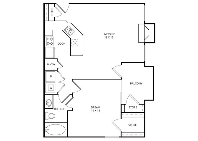 Floor plan for 1 bed, 1 bath, 716 sqft